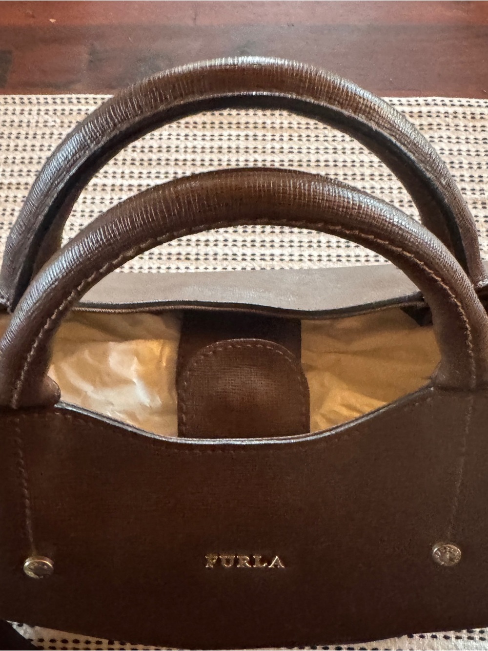 FURLA Italian Dark Brown Leather Tote with Gold Hardware. Like New - Picture 3 of 6